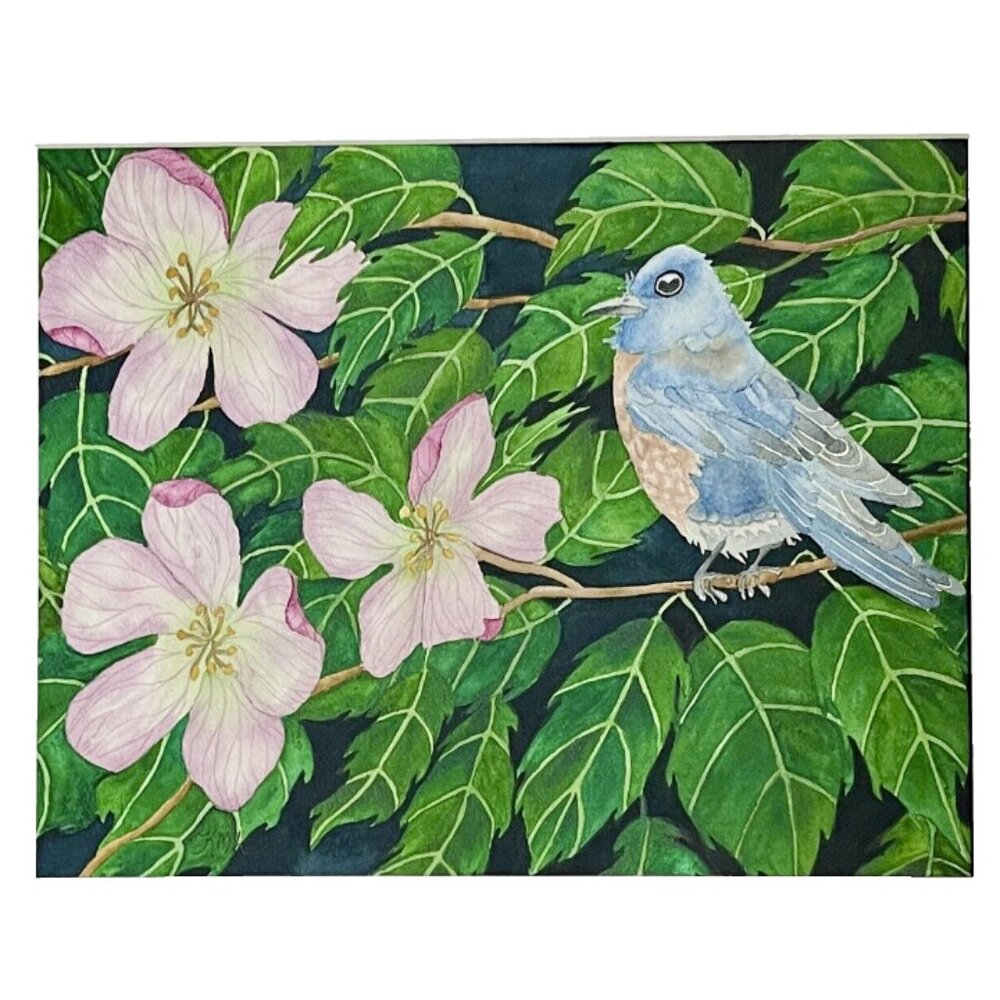 PAINTING WATERCOLOR ORIGINAL ART APPLE FLOWER BLOSSOMS BLUEBIRD 11X14 MAT 16X20